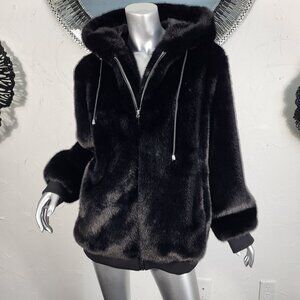DONNA SLAYERS FABULOUS FURS~L~BLACK FAUX FOX MINK FUR HOODED BOMBER JACKET COAT